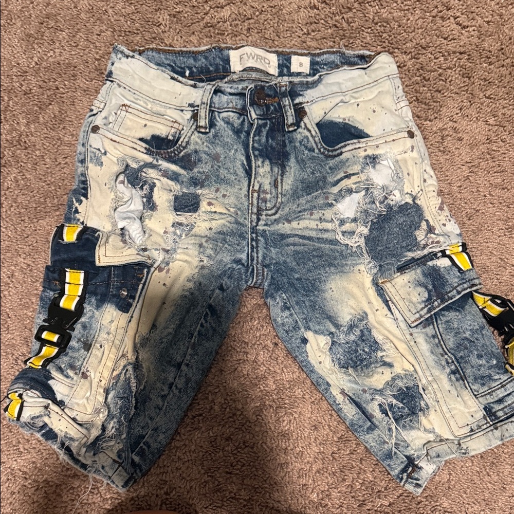 FWRD Distressed Two-Tone Denim Cargo Shorts with Yellow Strap Detail